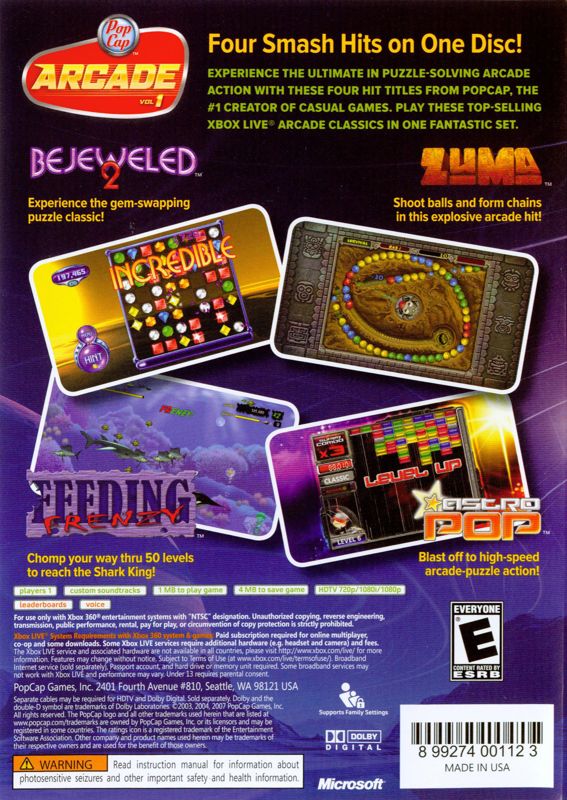 Back Cover for PopCap Arcade Vol 1 (Xbox 360)