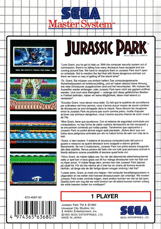 Back Cover for Jurassic Park (SEGA Master System)