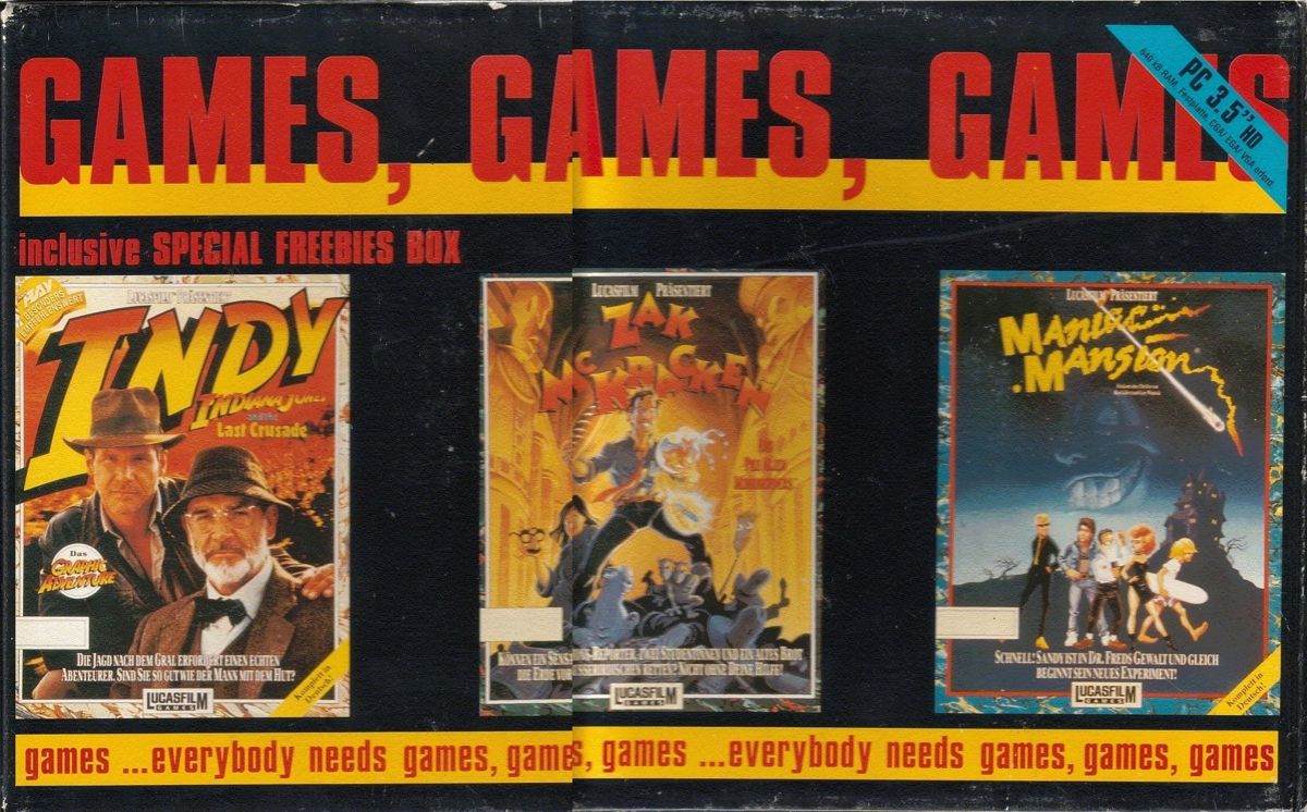 Front Cover for Games, Games, Games: Maniac Mansion + Zak McKracken + Indiana Jones and the last Crusade (DOS)