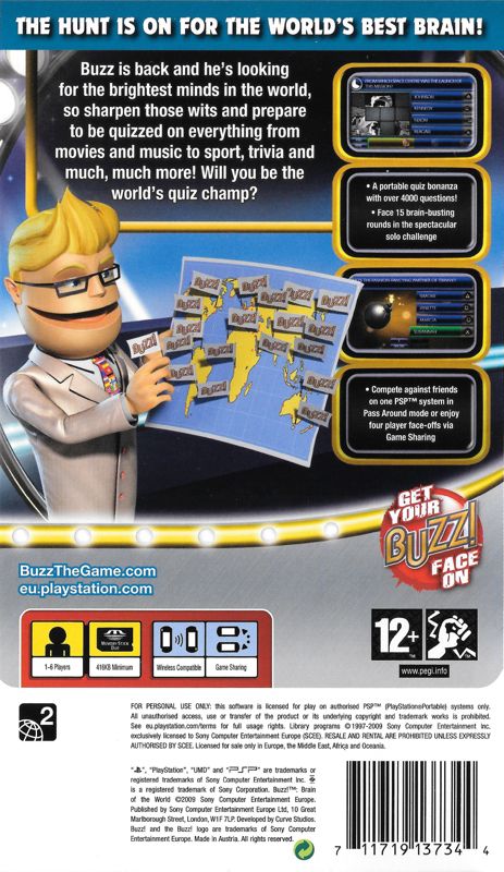 Back Cover for Buzz! Brain of the UK (PSP)