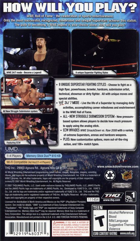 Back Cover for WWE Smackdown vs. Raw 2008 (PSP)