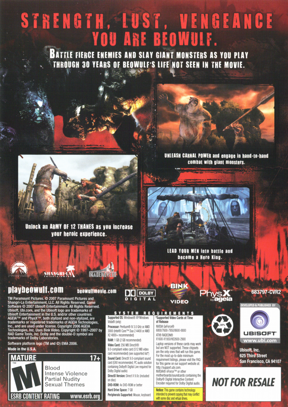 Back Cover for Beowulf: The Game (Windows) (Not for resale release)