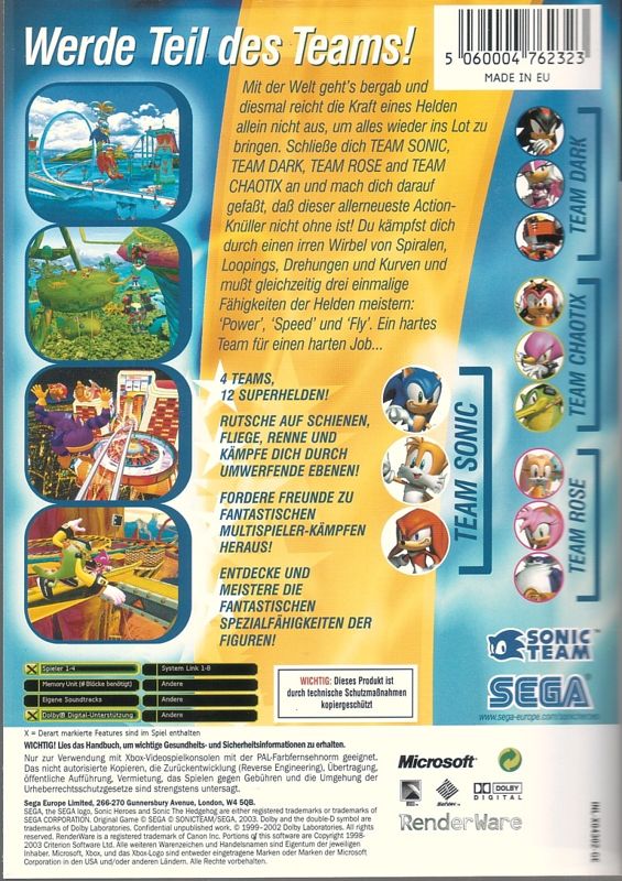 Back Cover for Sonic Heroes (Xbox)
