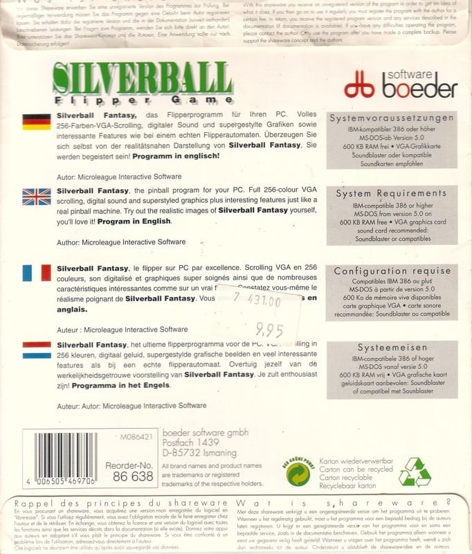 Back Cover for Silverball (DOS) (Shareware Version)