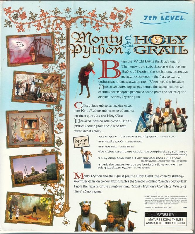 Back Cover for Monty Python & the Quest for the Holy Grail (Windows and Windows 3.x) (Special Signature Edition)