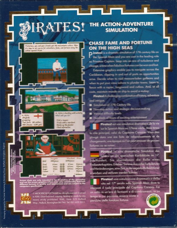 Back Cover for Sid Meier's Pirates! (PC Booter) (Kixx XL budget release )