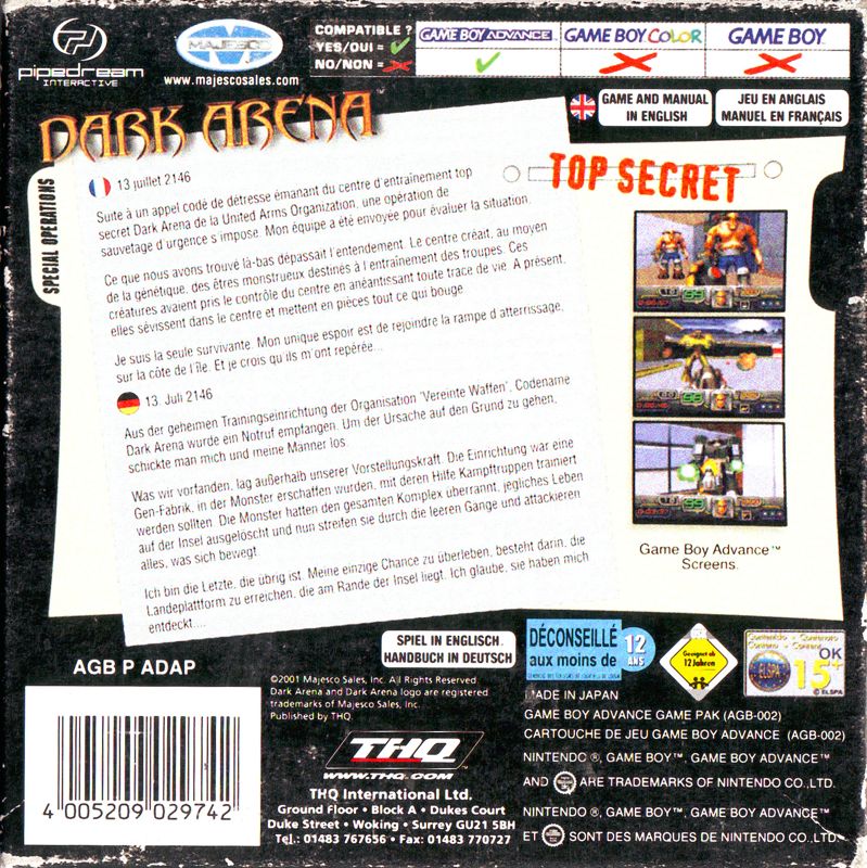 Back Cover for Dark Arena (Game Boy Advance)