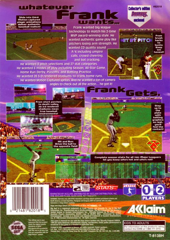 Back Cover for Frank Thomas Big Hurt Baseball (SEGA Saturn)