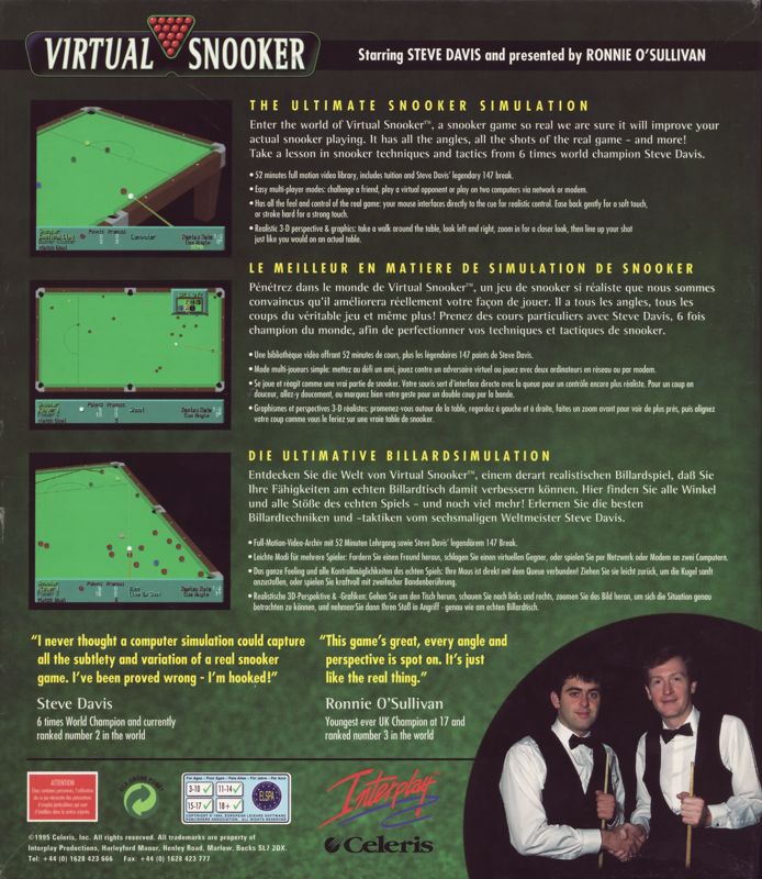 Back Cover for Virtual Snooker (DOS)