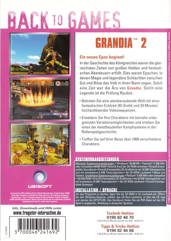 Back Cover for Grandia II (Windows) (Back to Games release)