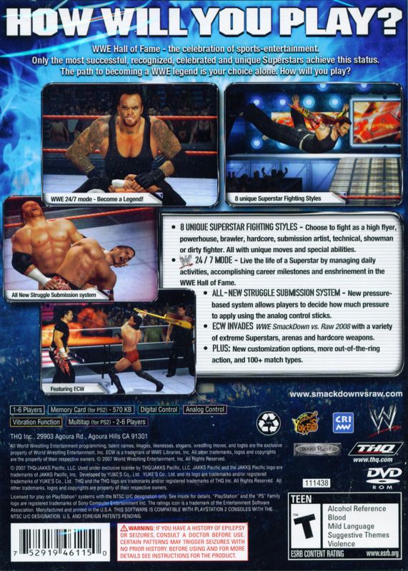Back Cover for WWE Smackdown vs. Raw 2008 (PlayStation 2)