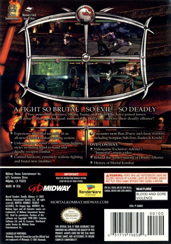 Back Cover for Mortal Kombat: Deadly Alliance (GameCube)