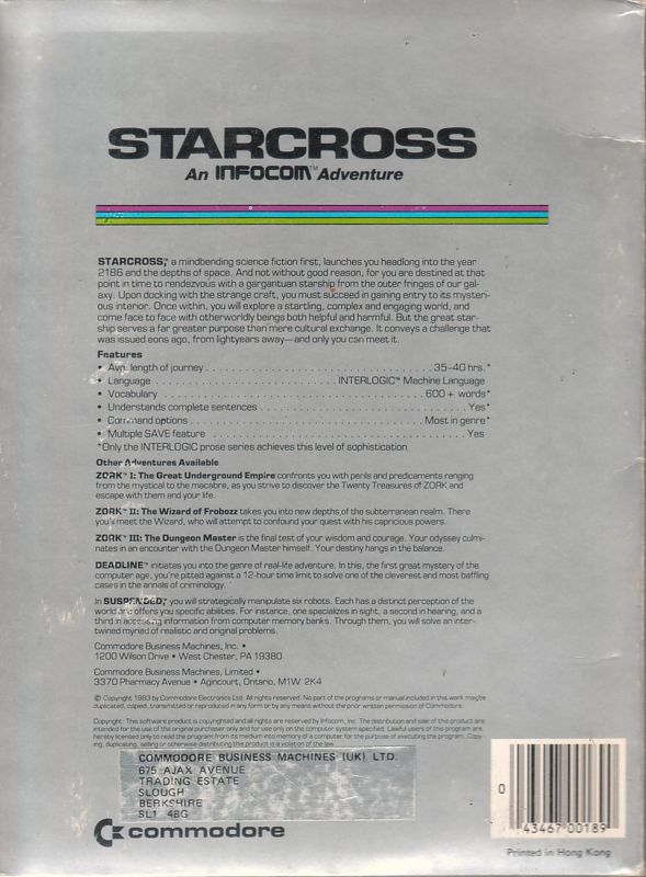 Back Cover for Starcross (Commodore 64)