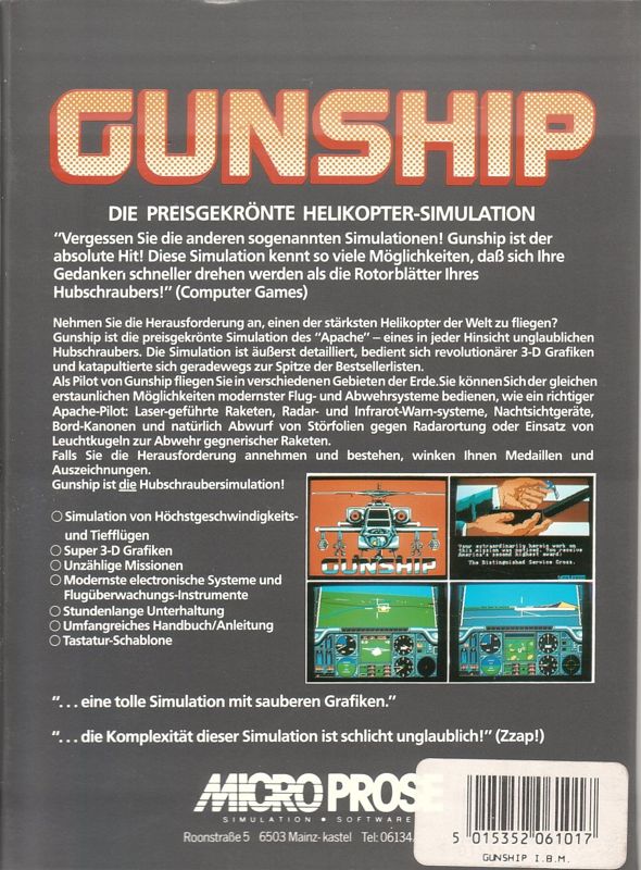 Back Cover for Gunship (DOS)