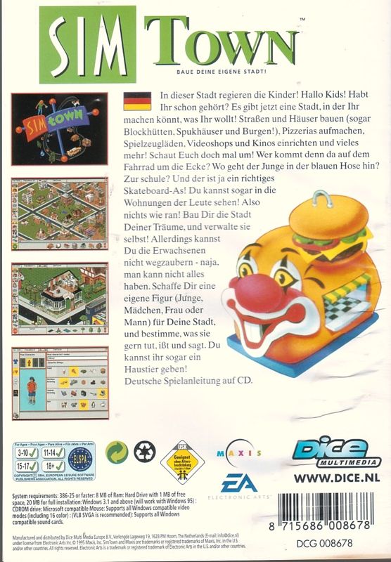 Back Cover for SimTown (Windows and Windows 3.x) (Dice Multimedia release)