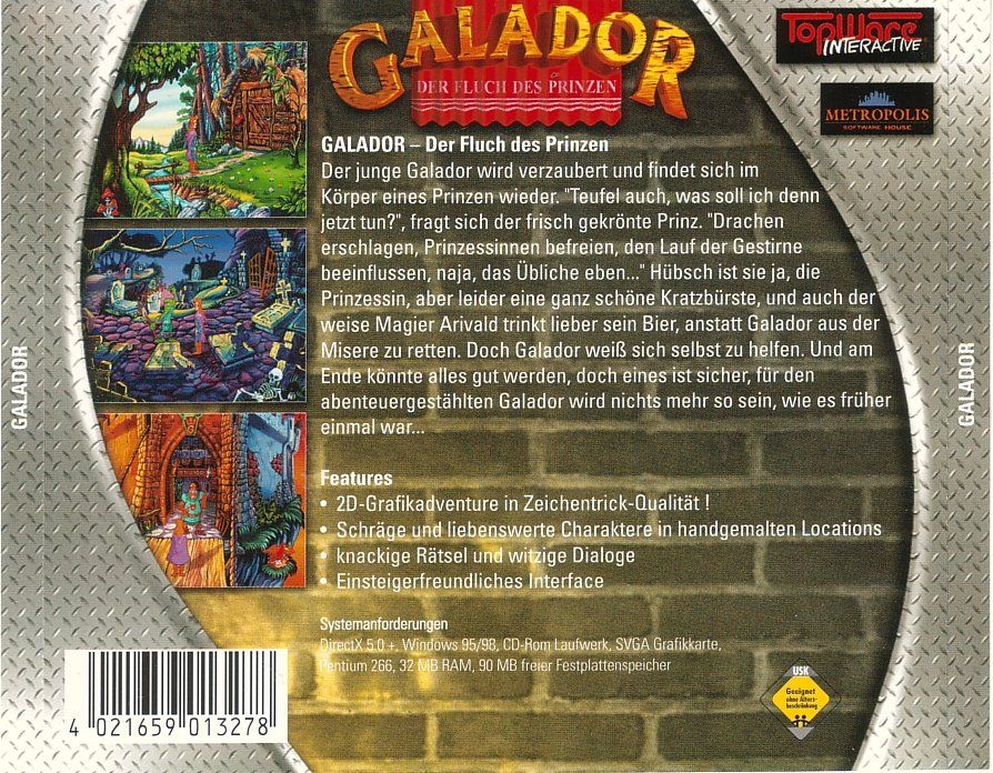 Back Cover for Galador: The Prince and the Coward (Windows) (Hemming Verlag budget release)
