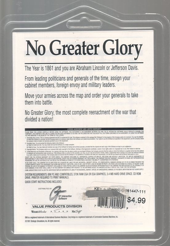 Back Cover for No Greater Glory: The American Civil War (DOS) (big software value release)