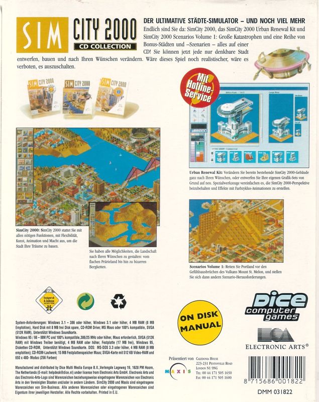 Back Cover for SimCity 2000: CD Collection (Windows and Windows 3.x) (Dice Multimedia release)