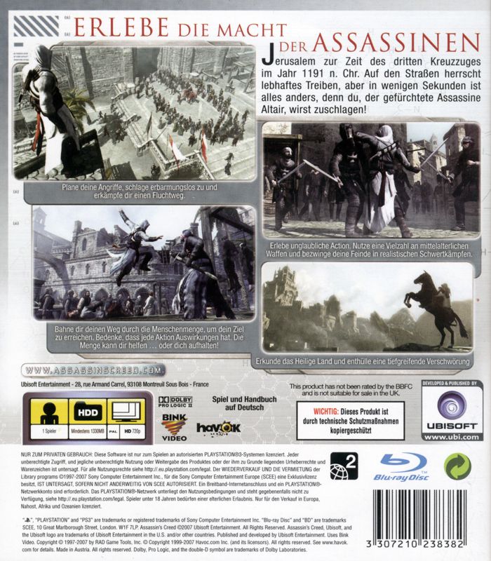 Back Cover for Assassin's Creed (PlayStation 3)