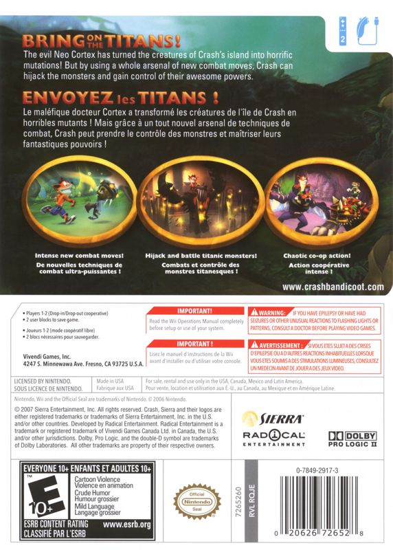 Back Cover for Crash of the Titans (Wii)