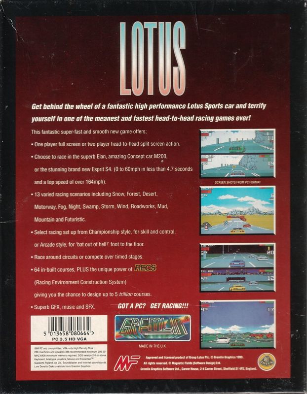 Back Cover for Lotus: The Ultimate Challenge (DOS) (3.5" Disk release)