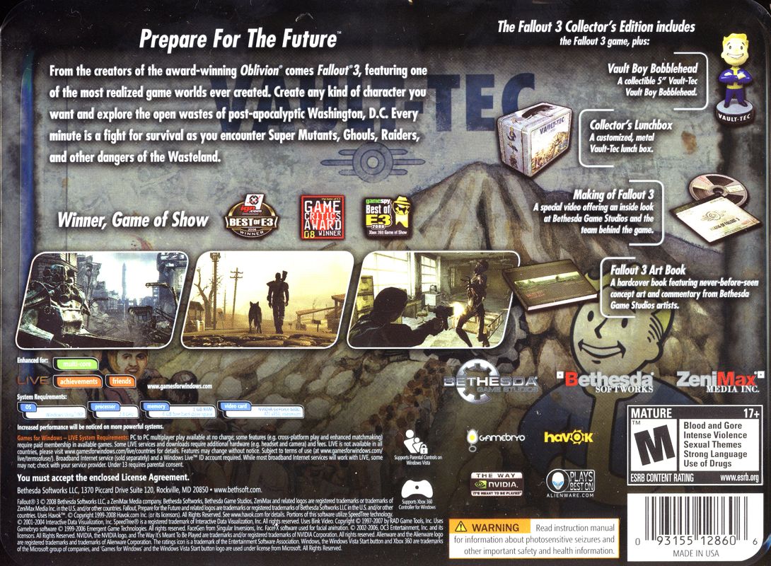 Back Cover for Fallout 3 (Collector's Edition) (Windows)