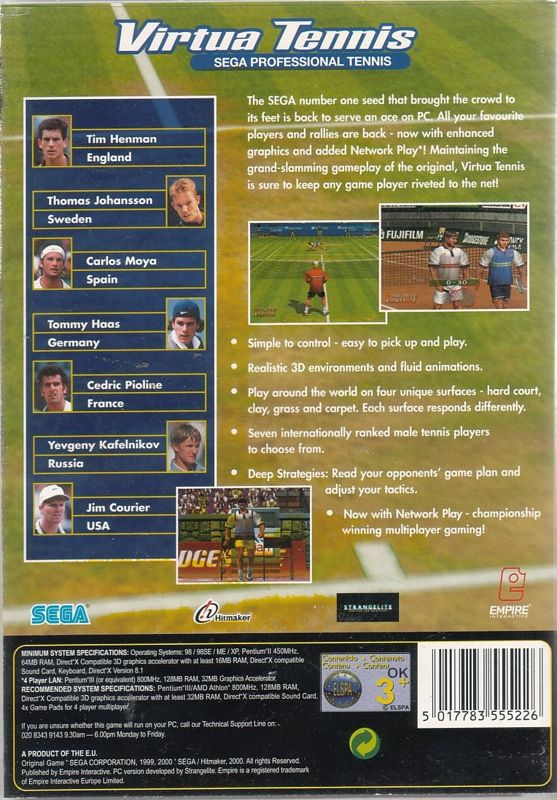 Back Cover for Virtua Tennis (Windows)