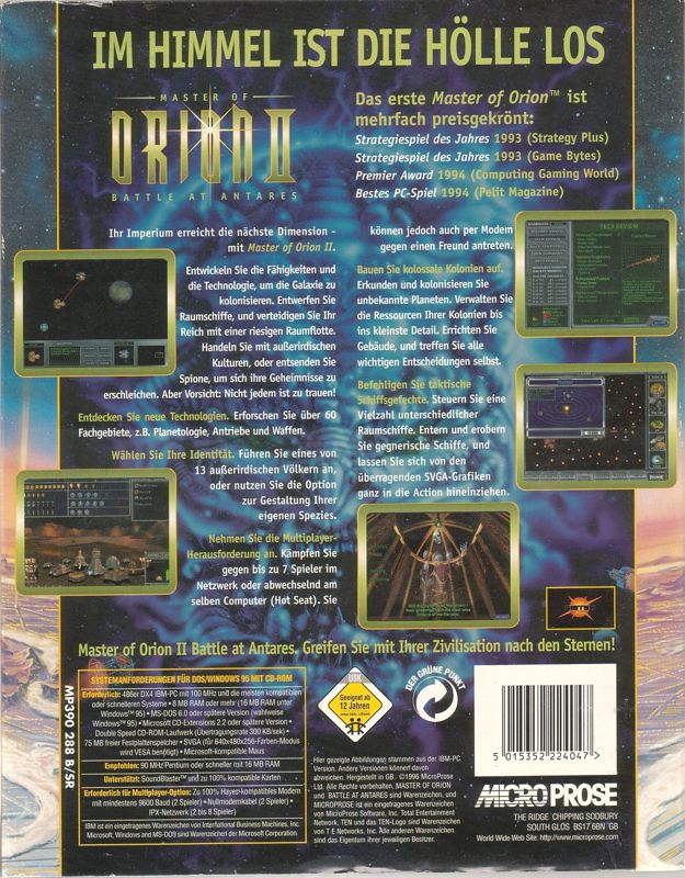 Back Cover for Master of Orion II: Battle at Antares (DOS and Windows)