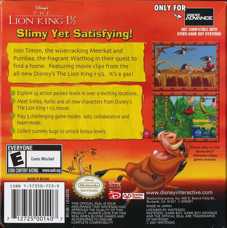 Back Cover for Disney's The Lion King 1 ½ (Game Boy Advance)
