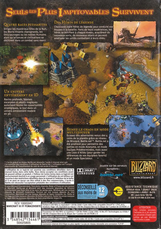Back Cover for WarCraft III: Reign of Chaos (Macintosh and Windows)