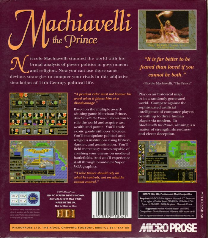 Back Cover for Machiavelli the Prince (DOS)