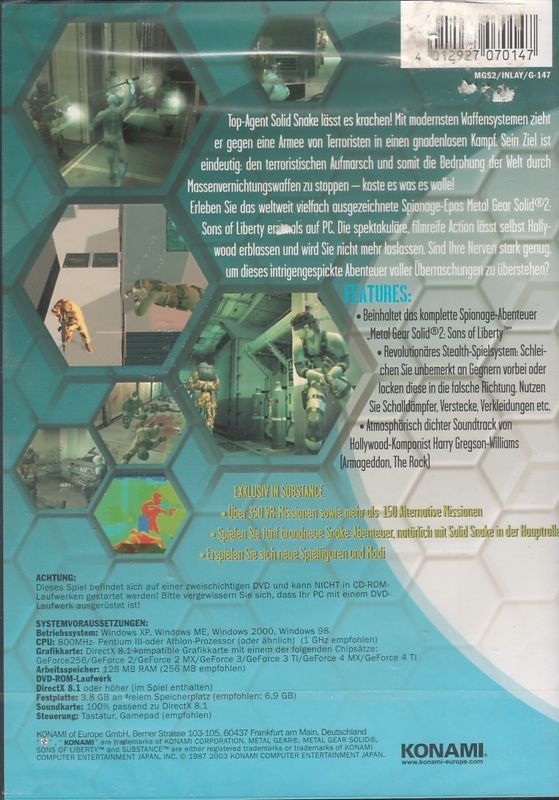 Back Cover for Metal Gear Solid 2: Substance (Windows)