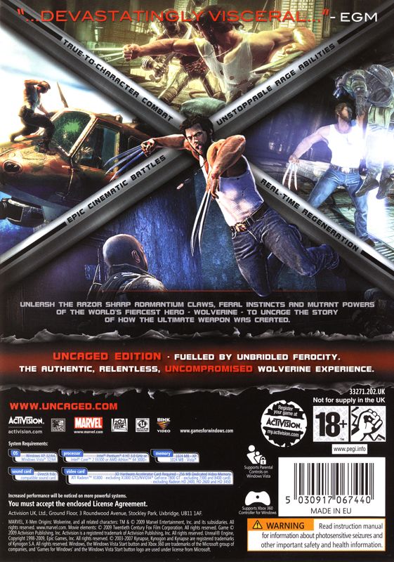 Back Cover for X-Men Origins: Wolverine - Uncaged Edition (Windows)