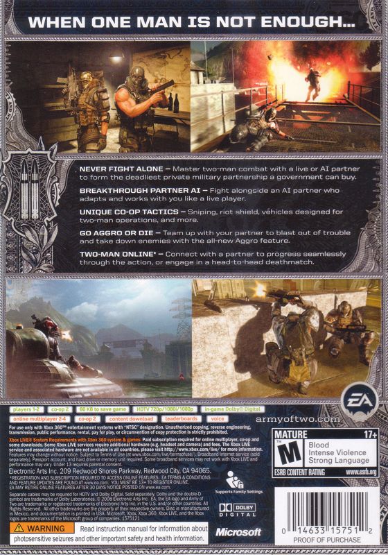 Back Cover for Army of Two (Xbox 360)