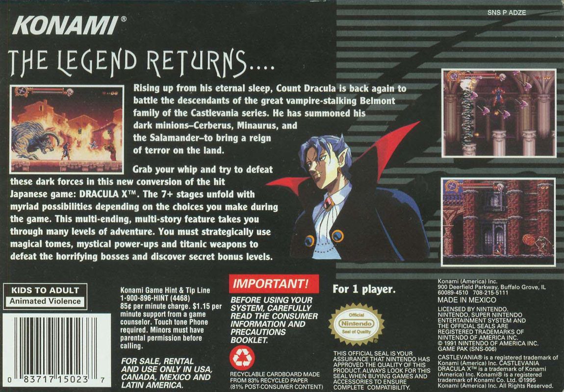 Back Cover for Castlevania: Dracula X (SNES)