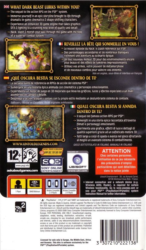 Back Cover for Untold Legends: The Warrior's Code (PSP)