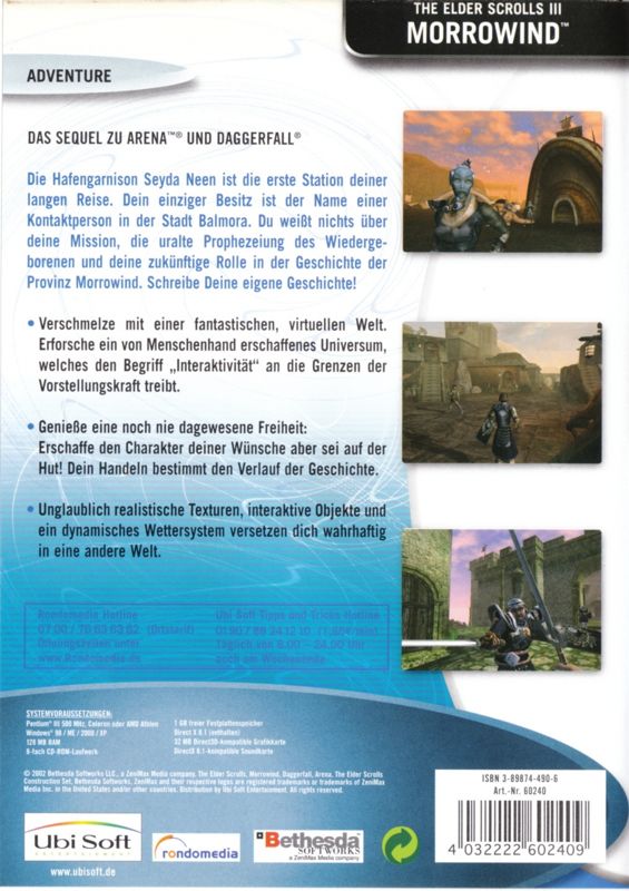 Back Cover for The Elder Scrolls III: Morrowind (Windows) (Ubisoft eXclusive release)