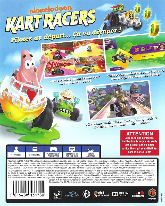 Back Cover for Nickelodeon Kart Racers (PlayStation 4)