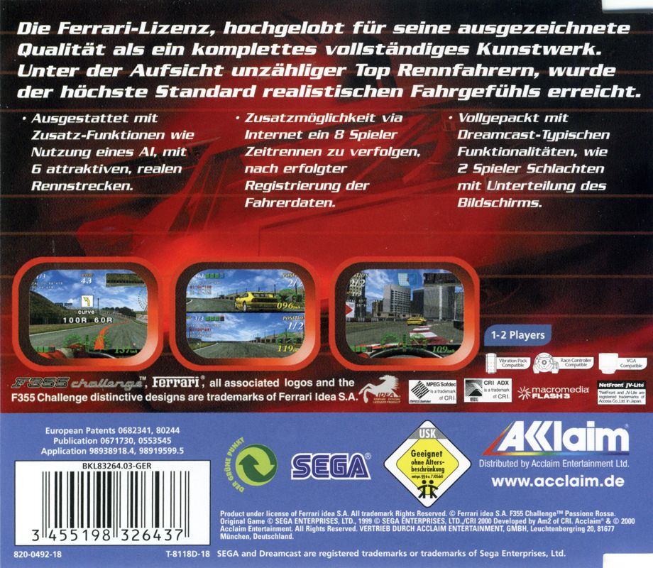 Back Cover for F355 Challenge: Passione Rossa (Dreamcast)