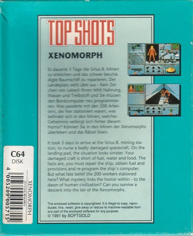 Back Cover for Xenomorph (Commodore 64) (Top Shots Budget Release)