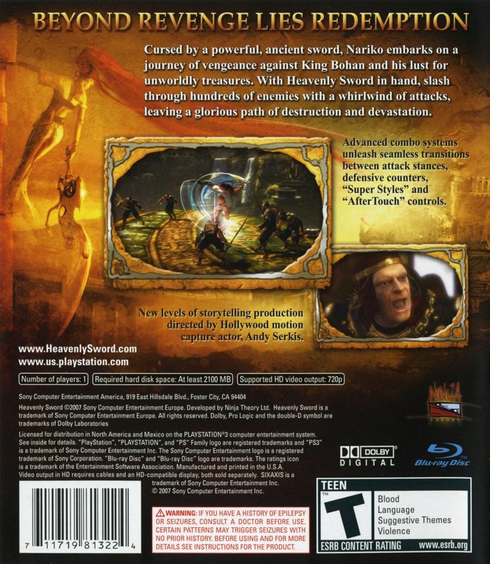 Back Cover for Heavenly Sword (PlayStation 3)
