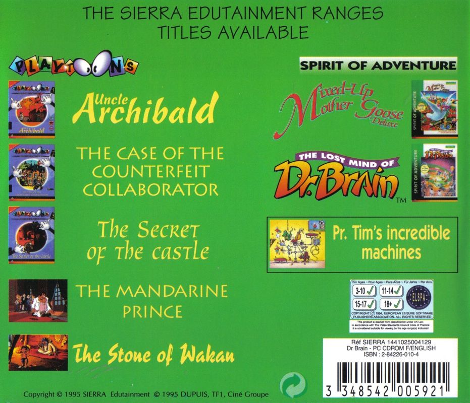 Other for The Lost Mind of Dr. Brain (Macintosh and Windows and Windows 3.x): Jewel Case - Back