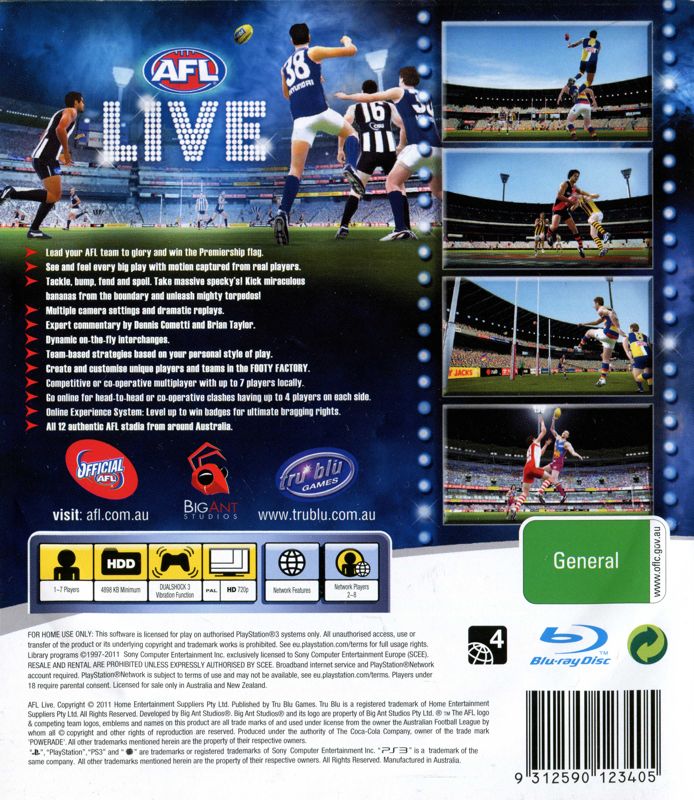 Back Cover for AFL Live (PlayStation 3)