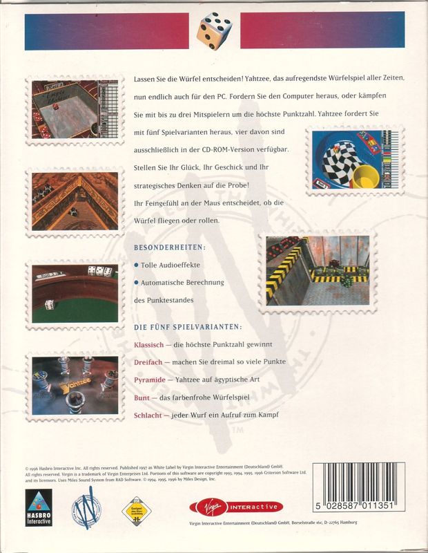 Back Cover for Ultimate Yahtzee (Windows and Windows 3.x) (The White Label budget release)