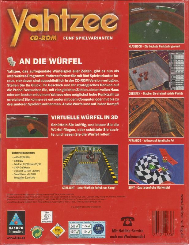 Back Cover for Ultimate Yahtzee (Windows and Windows 3.x) (Tandem-Verlag budget release)
