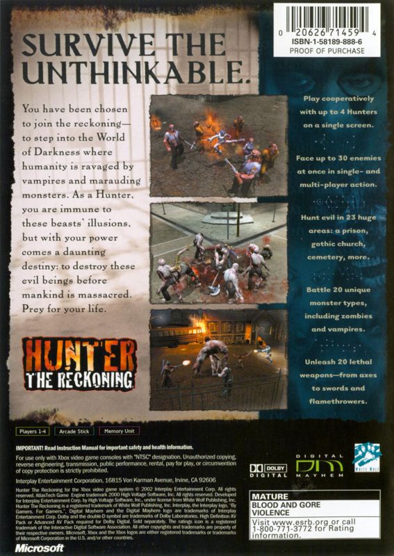 Back Cover for Hunter: The Reckoning (Xbox)