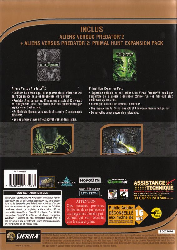 Back Cover for Aliens Versus Predator 2: Gold Edition (Windows) (BestSeller Series release)