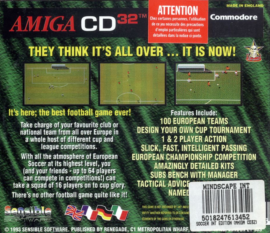 Back Cover for International Sensible Soccer (Amiga CD32)