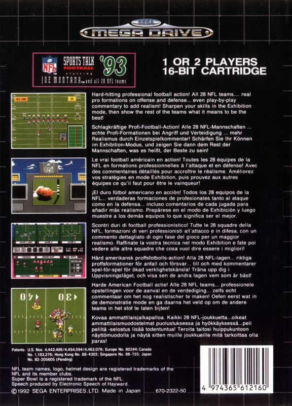 Back Cover for NFL Sports Talk Football '93 Starring Joe Montana (Genesis)