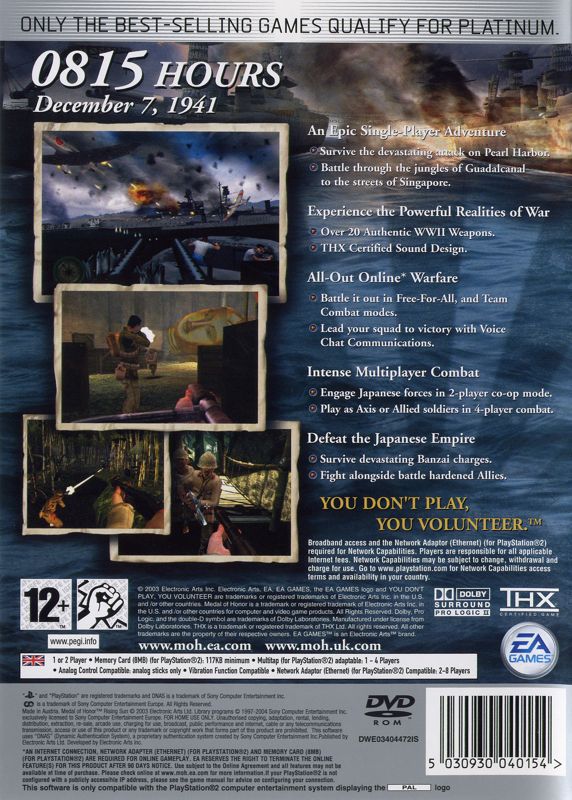 Back Cover for Medal of Honor: Rising Sun (PlayStation 2) (Platinum release)